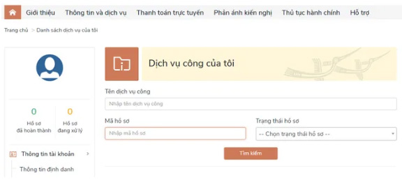 Nhập tên dịch vụ công và mã hồ sơ