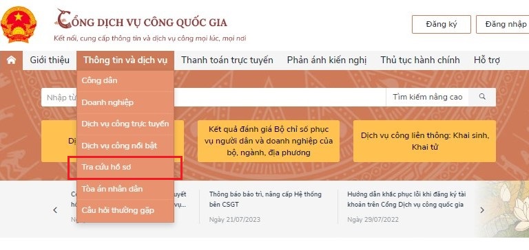 Nhấp vào mục "Tra cứu hồ sơ"