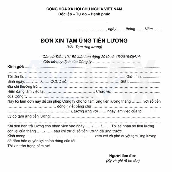 Mẫu đơn xin tạm ứng tiền lương và cách viết mới nhất năm 2024