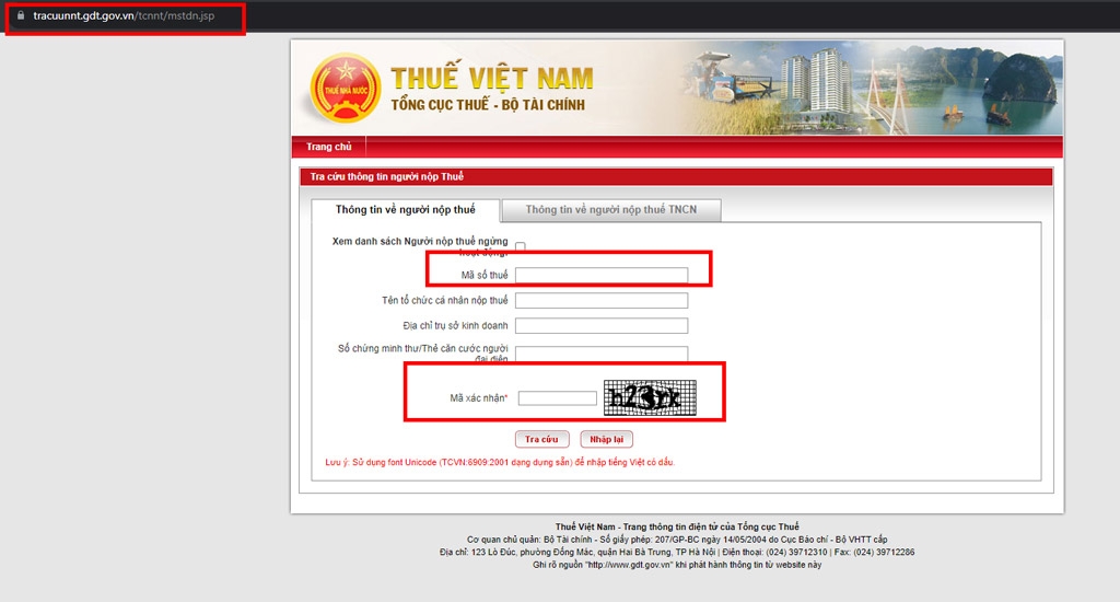 Nhập mã số thuế, mã xác nhận