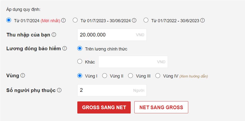 Tính lương Net sang lương Gross online tại LuatVietNam