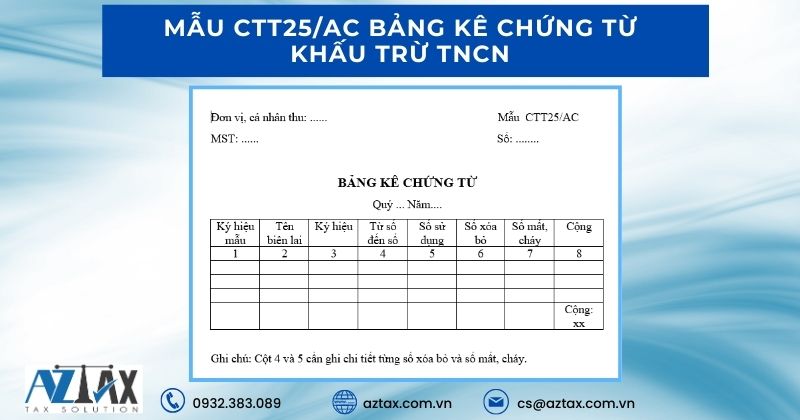 Mẫu CTT25AC Bảng kê chứng từ khấu trừ TNCN