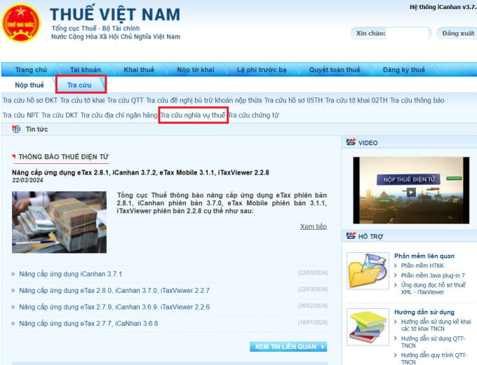 Chọn mục tra cứu và tra cứu nghĩa vụ thuế