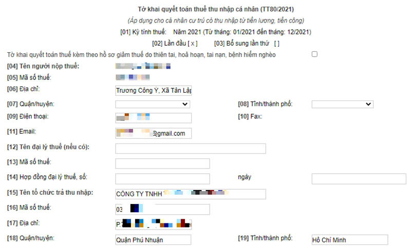 Tiến hành điền đầy đủ thông tin vào tờ khai thuế TNCN theo mẫu