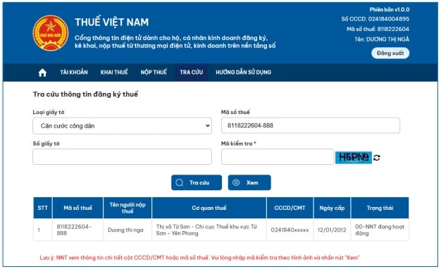 NNT nhập Mã số thuế hoặc loại giấy tờ/số giấy tờ và Mã kiểm tra