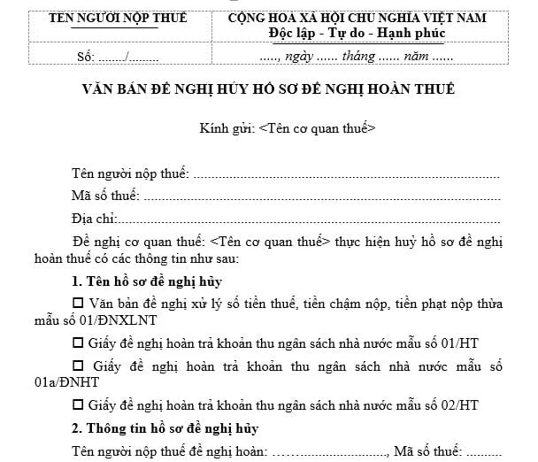 Mẫu 01/ĐNHUY xin hủy hồ sơ hoàn thuế TNCN 2025
