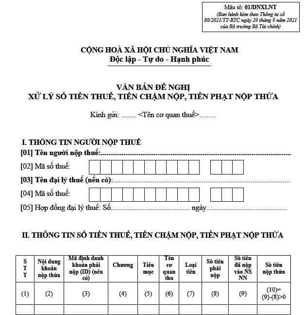 Mẫu 01/dnxlnt thông tư 80/2021
