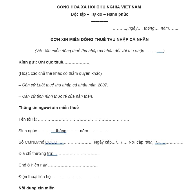 đơn xin miễn giảm thuế thu nhập cá nhân