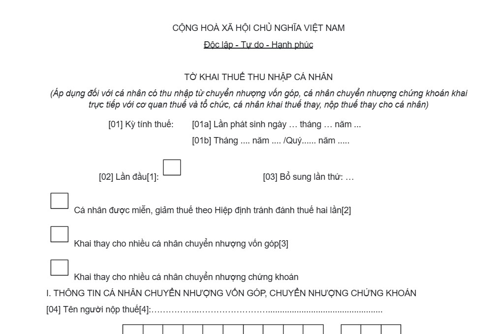 mẫu tờ khai thuế thu nhập cá nhân từ chuyển nhượng vốn