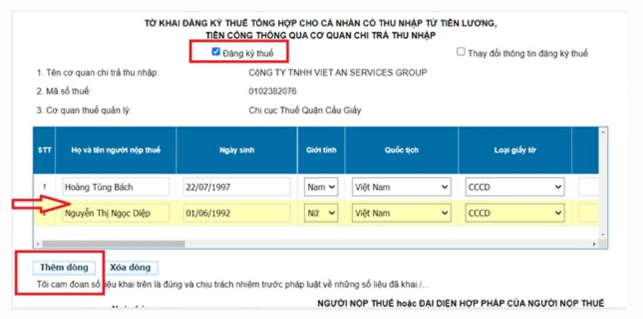 NNT điền thông tin trên tờ khai đăng ký MST thu nhập cá nhân