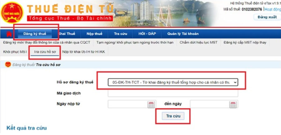 Tra cứu kết quả hồ sơ đăng ký thuế