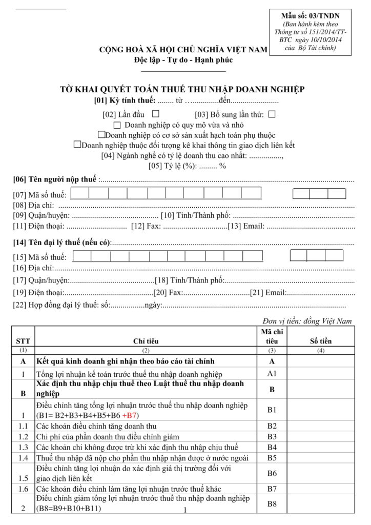 Tờ khai quyết toán thuế TNDN mới nhất (Mẫu 03TNDN)