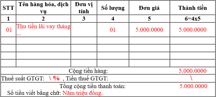 Cách viết hóa đơn thu tiền lãi cho vay