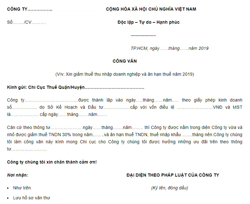 Công văn xin giảm số thuế TNDN và ân hạn thuế