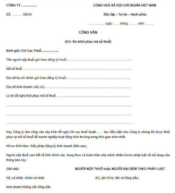 Công văn xin khôi phục mã số thuế cho doanh nghiệp