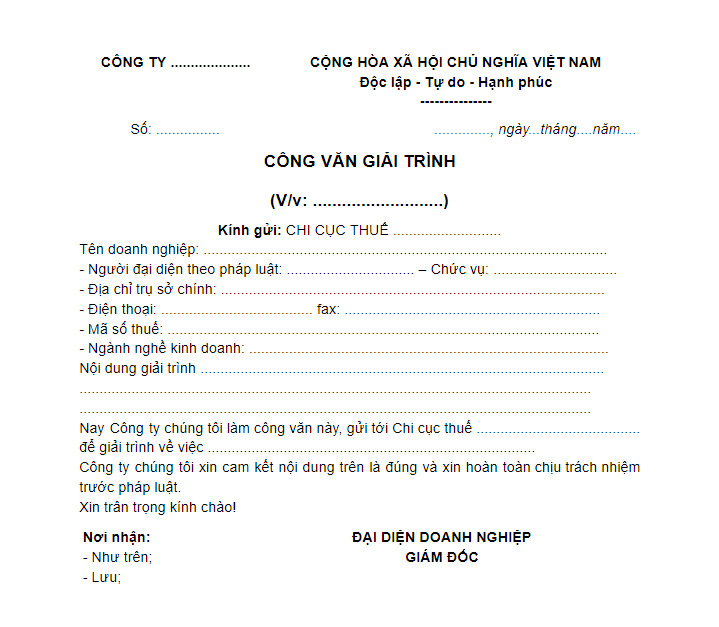 Mẫu công văn giải trình thuế