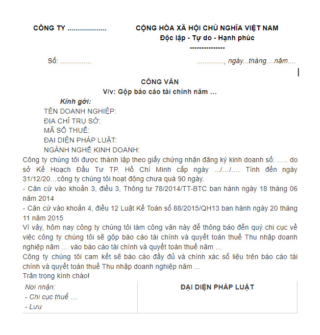 Mẫu công văn gửi thuế về xin gộp báo cáo tài chính vào năm sau