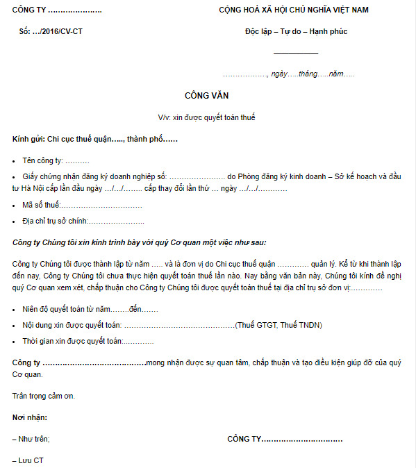 Mẫu công văn gửi thuế xin quyết toán thuế cho doanh nghiệp