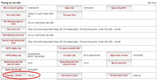 mã chương nộp thuế