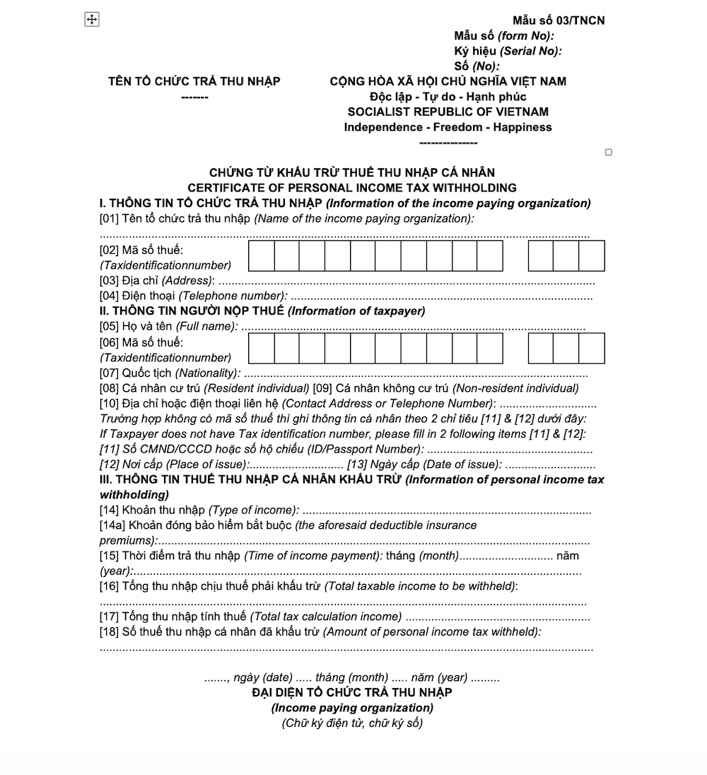 Mẫu chứng từ khấu trừ thuế TNCN 2025