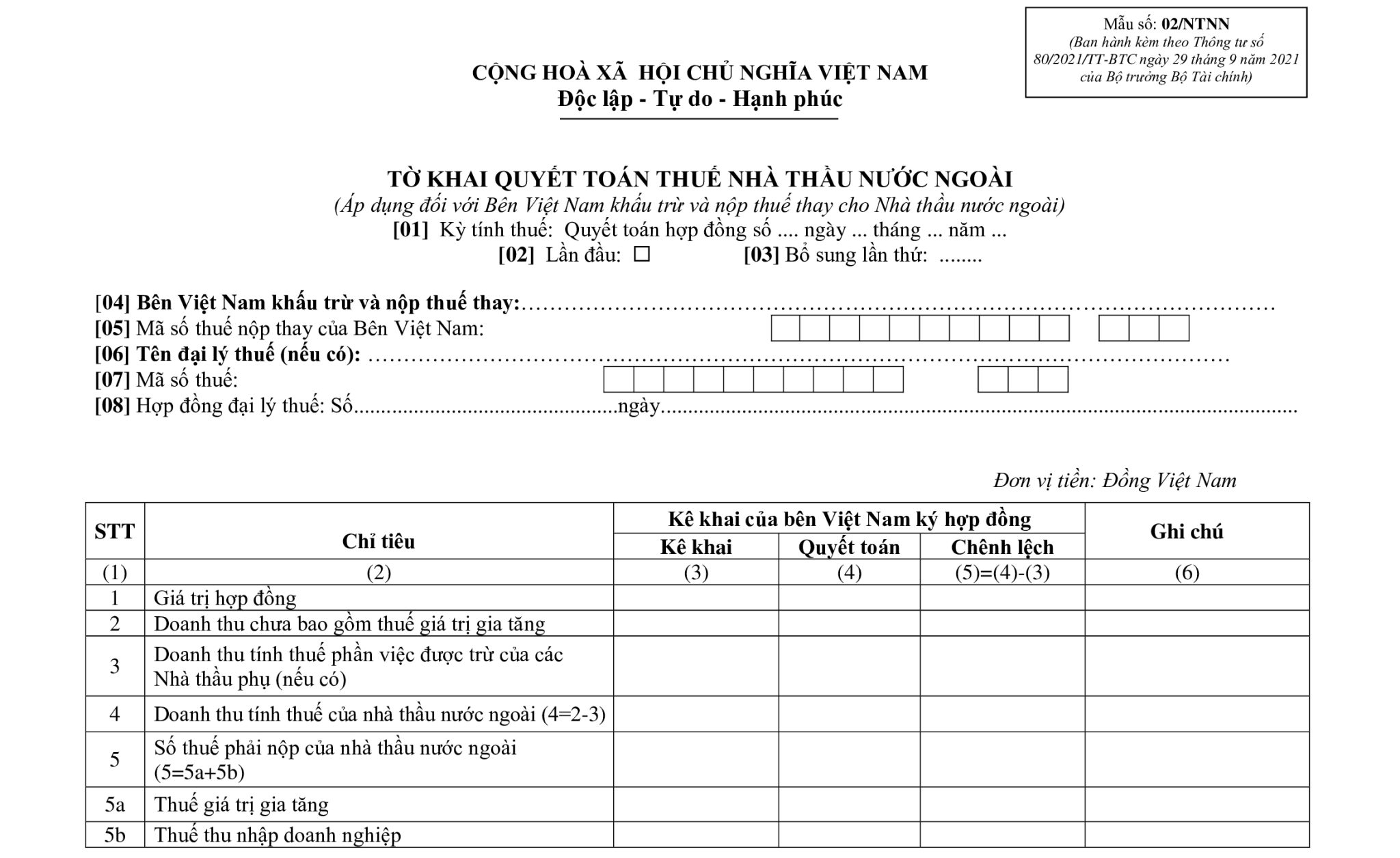 Tờ khai thuế 02/NTNN