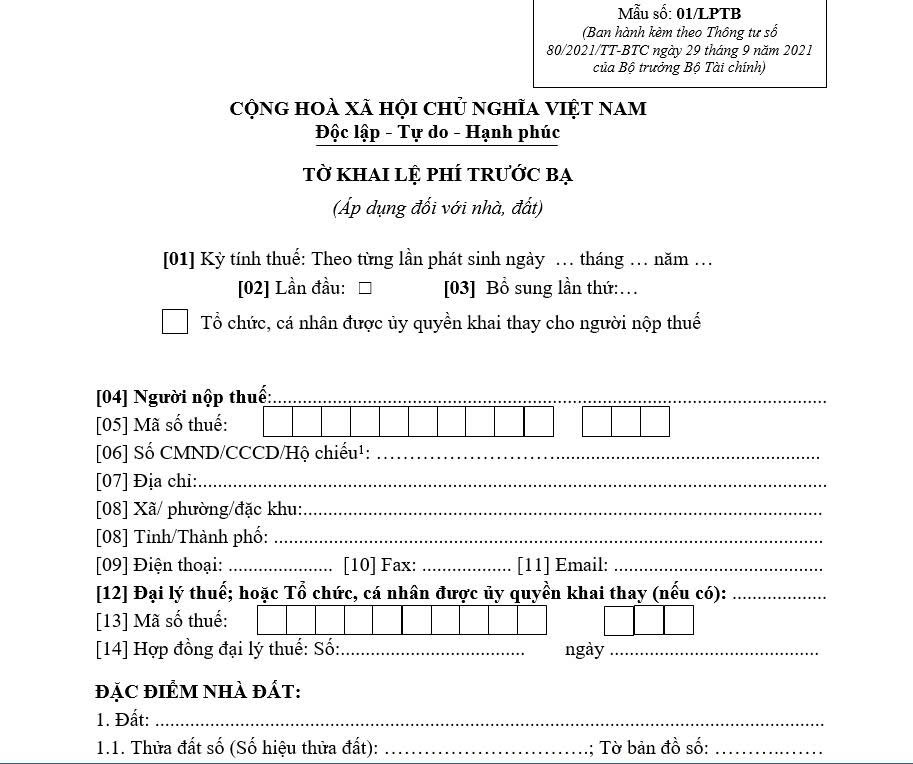 tờ khai lệ phí trước bạ nhà đất