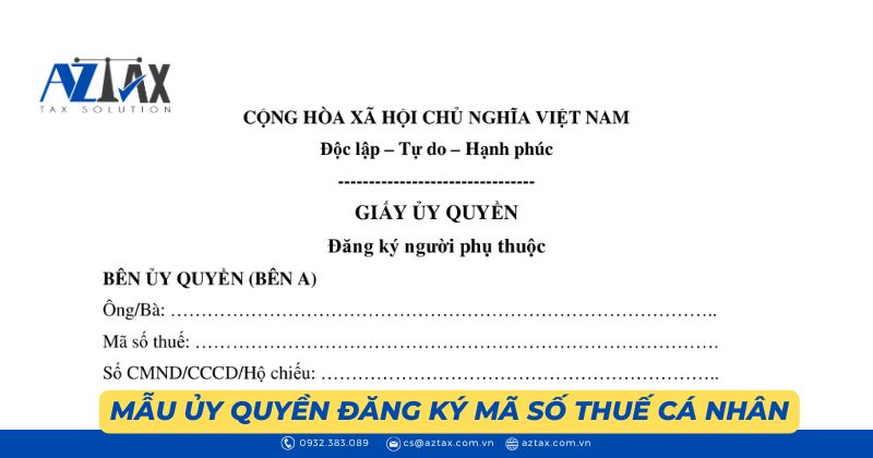 Mẫu giấy ủy quyền đăng ký mã số thuế cá nhân năm 2026