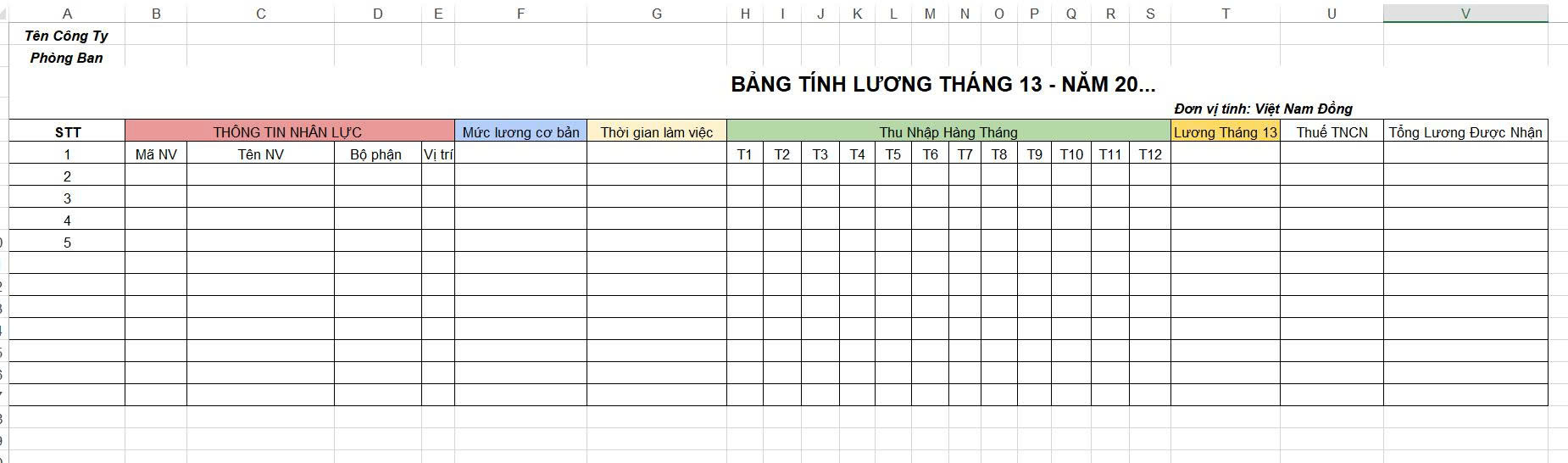 Mẫu bảng tính lương tháng 13 năm 2026