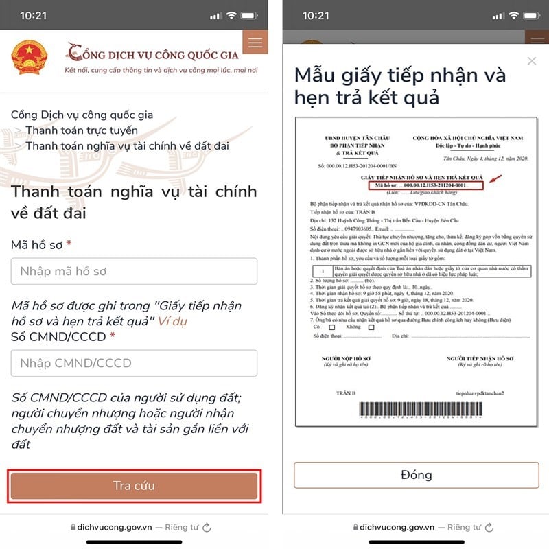 Nhập mã hồ sơ và số CMND/CCCD của người liên quan đến quyền sử dụng đất