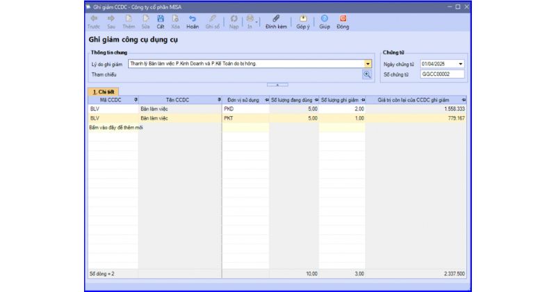 Bước 1: Ghi giảm CCDC được thanh lý trên sổ theo dõi CCDC