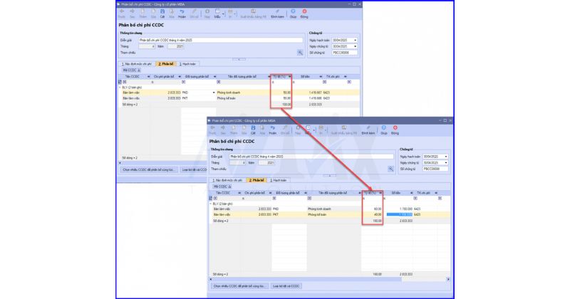 Bước 2: Tự động thiết lập thông tin tỷ lệ phân bổ CCDC cho từng đối tượng liên quan