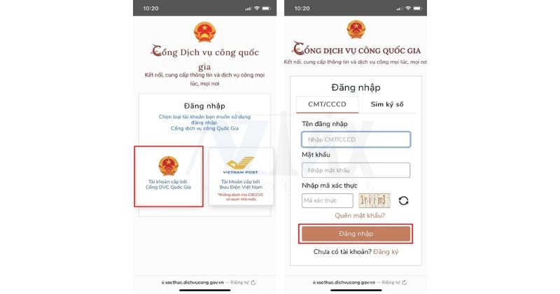 Bước 3: Thực hiện Đăng nhập bằng tài khoản Cổng dịch vụ công quốcBước 3_ Thực hiện Đăng nhập bằng tài khoản Cổng dịch vụ công quốc