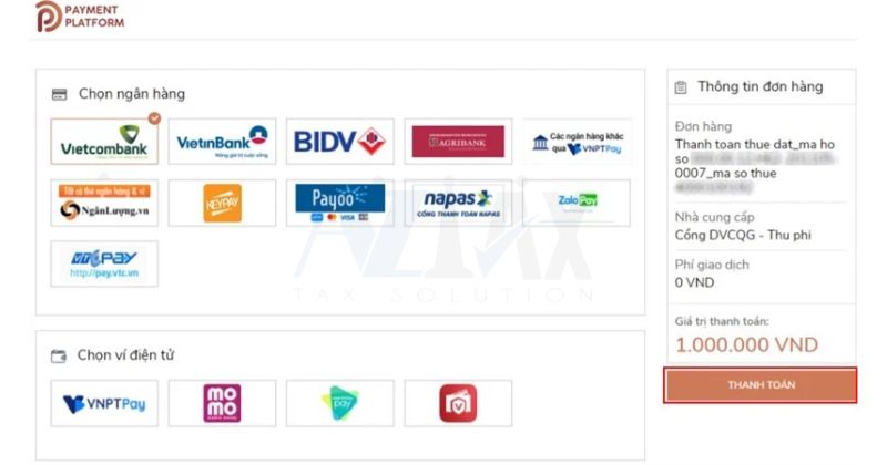 Bước 6: Người nộp thuế chọn phương thức thanh toán trực tuyến