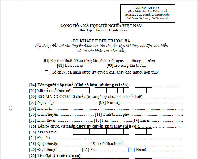 Mẫu tờ khai lệ phí trước bạ