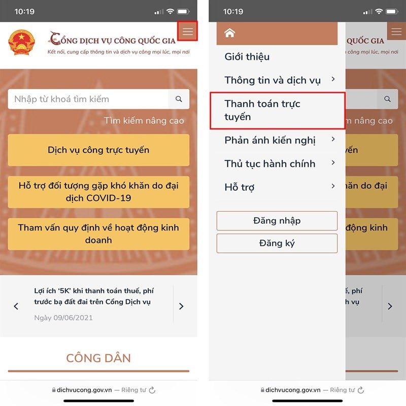 Truy cập vào link và chọn thanh toán trực tuyến