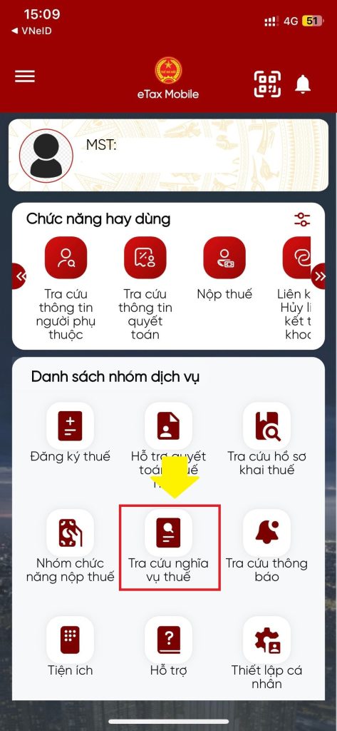 Chọn mục "Tra cứu nghĩa vụ thuế"