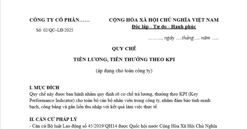 Mẫu quy chế lương thưởng theo KPI