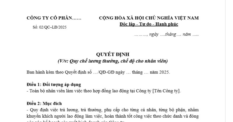 Mẫu quy chế lương thưởng tổng hợp