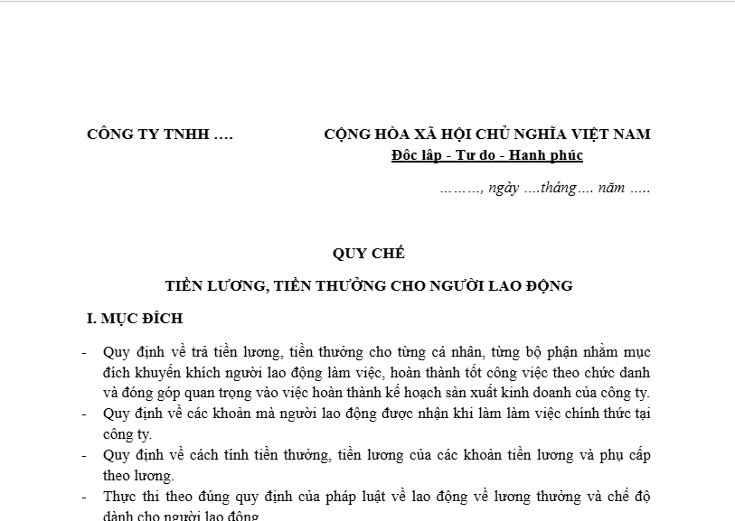 Mẫu quy chế lương cho công ty cổ phần