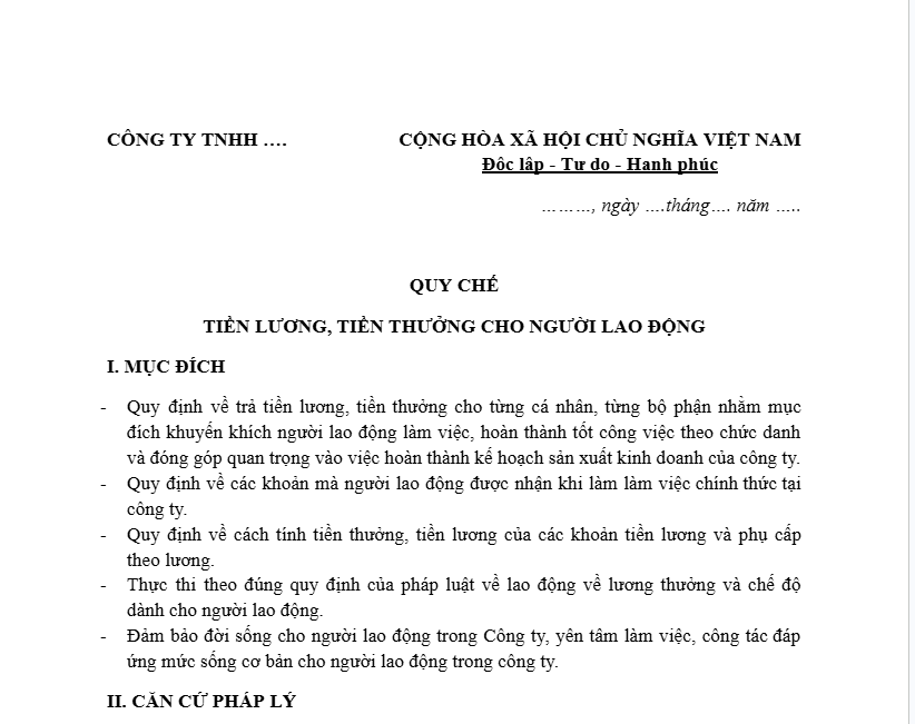 Mẫu quy chế lương cho công ty TNHH
