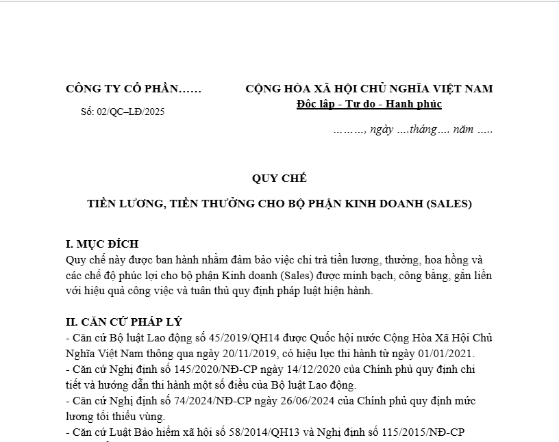 Mẫu quy chế lương cho bộ phận kinh doanh (Sales)