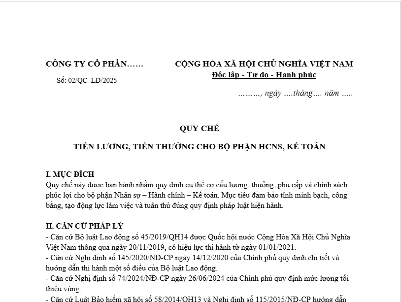 Mẫu quy chế lương cho bộ phận hành chính – nhân sự, kế toán