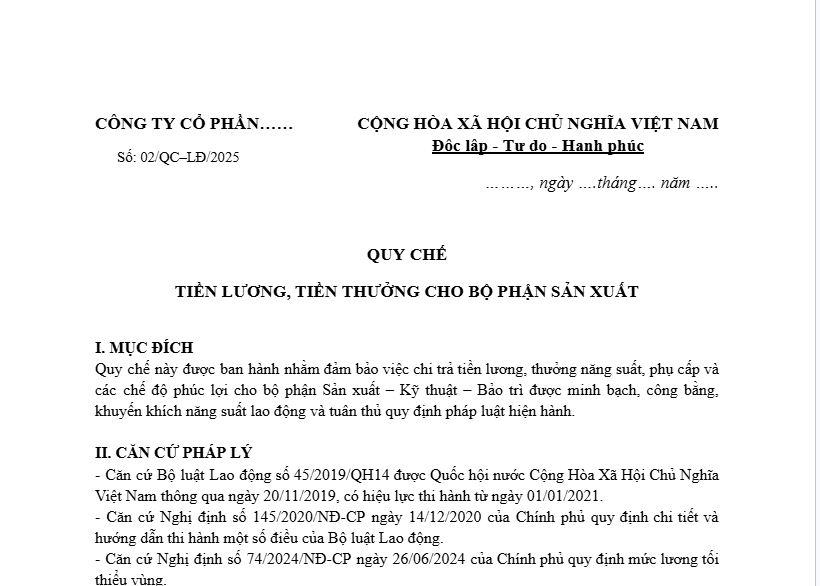 Mẫu quy chế lương cho bộ phận sản xuất
