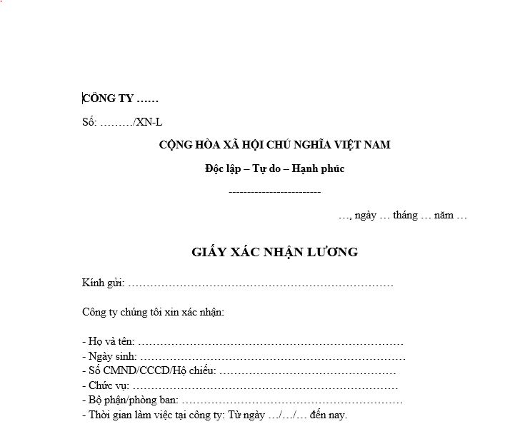 Mẫu xác nhận thu nhập 6 tháng gần nhất 