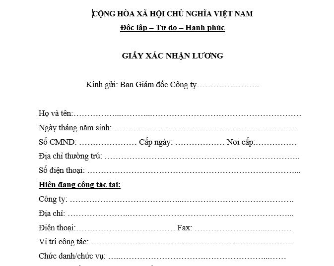 Mẫu xác nhận thu nhập hàng tháng 