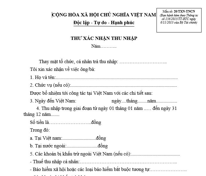 Mẫu xác nhận thu nhập khi quyết toán thuế 