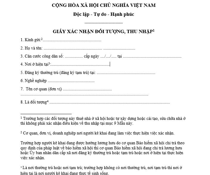 Mẫu xác nhận thu nhập mua nhà ở xã hội 