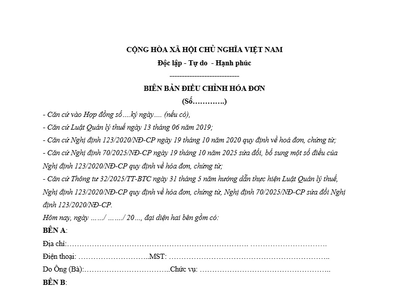 mẫu biên bản điều chỉnh mới nhất