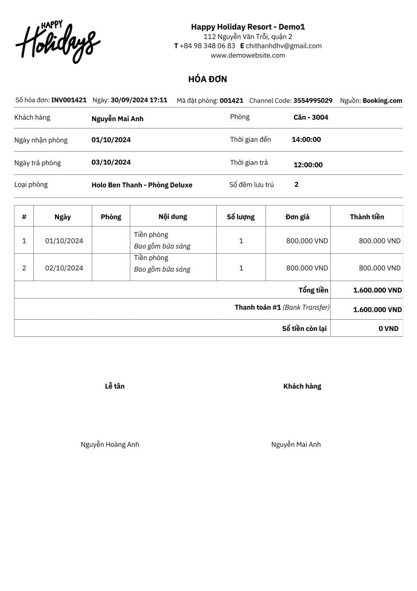 Mẫu hóa đơn thanh toán tiêu chuẩn