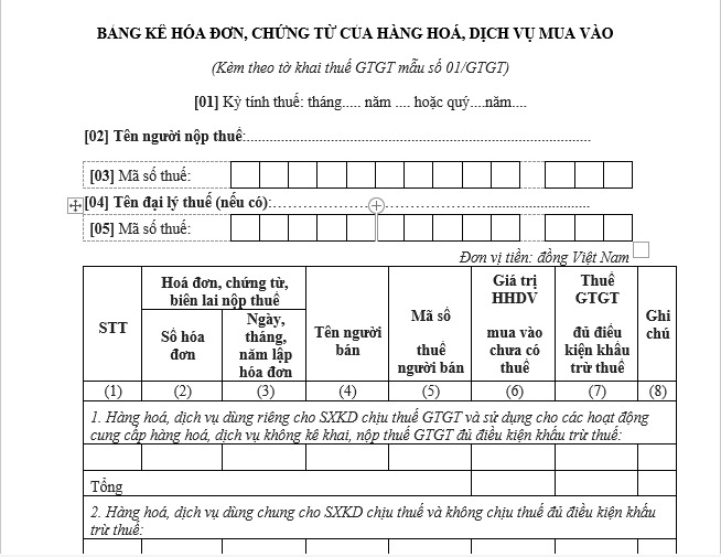 Mẫu bảng kê hóa đơn mua vào